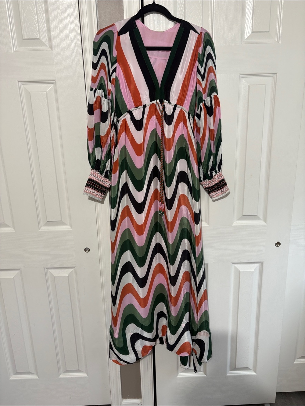 FARM Rio Wavy Stripe V-Neck Midi Dress in Pink, Green & Black